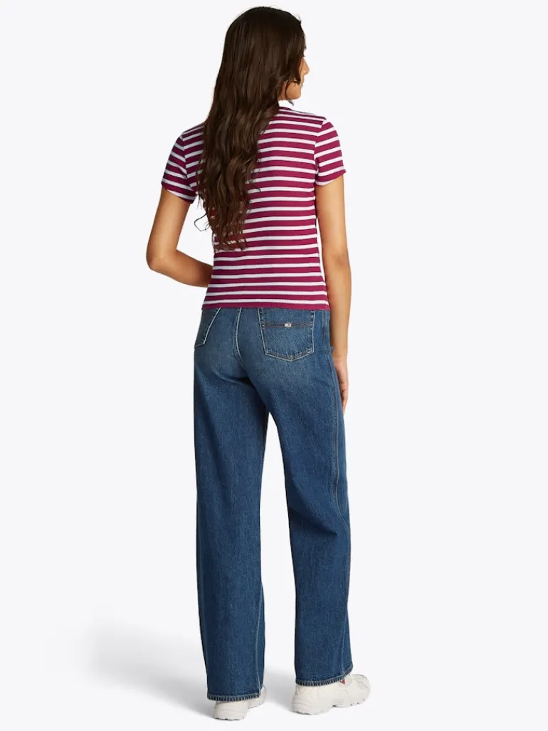 TJW SLIM BUTTON RIB C-NECK SS brilliant berry - stripe