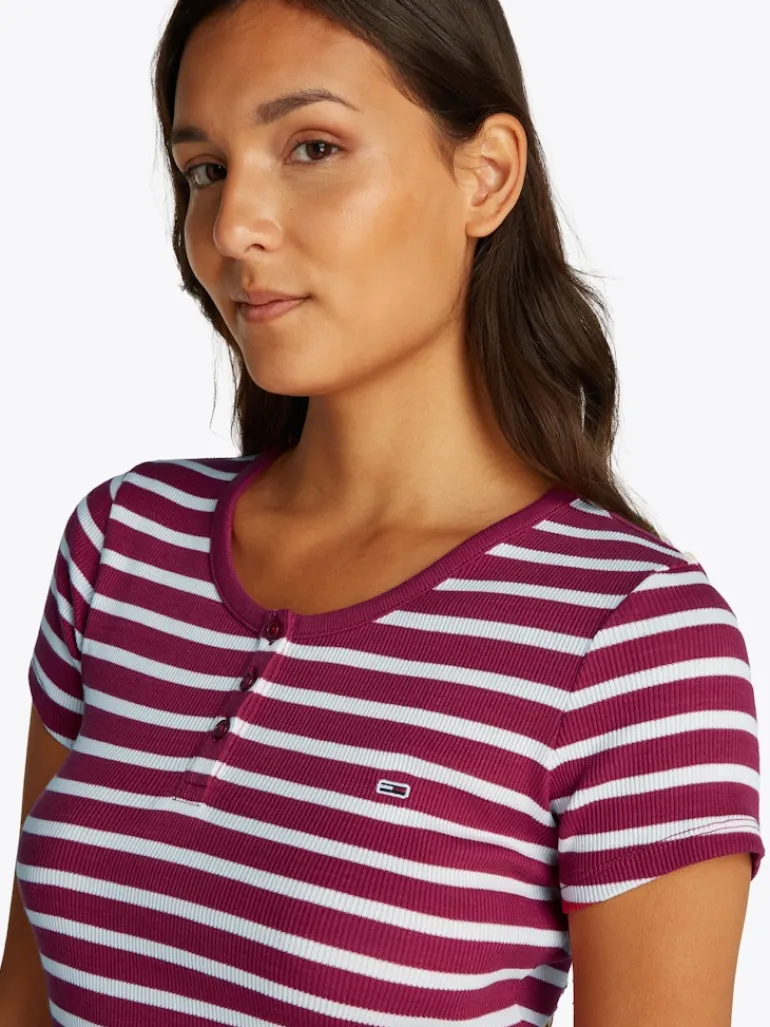TJW SLIM BUTTON RIB C-NECK SS brilliant berry - stripe