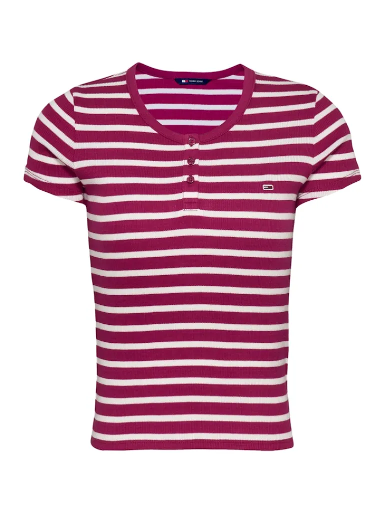 TJW SLIM BUTTON RIB C-NECK SS brilliant berry - stripe