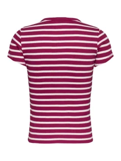 TJW SLIM BUTTON RIB C-NECK SS brilliant berry - stripe