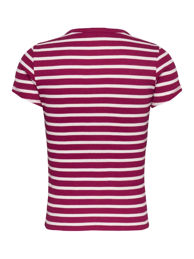 TJW SLIM BUTTON RIB C-NECK SS brilliant berry - stripe