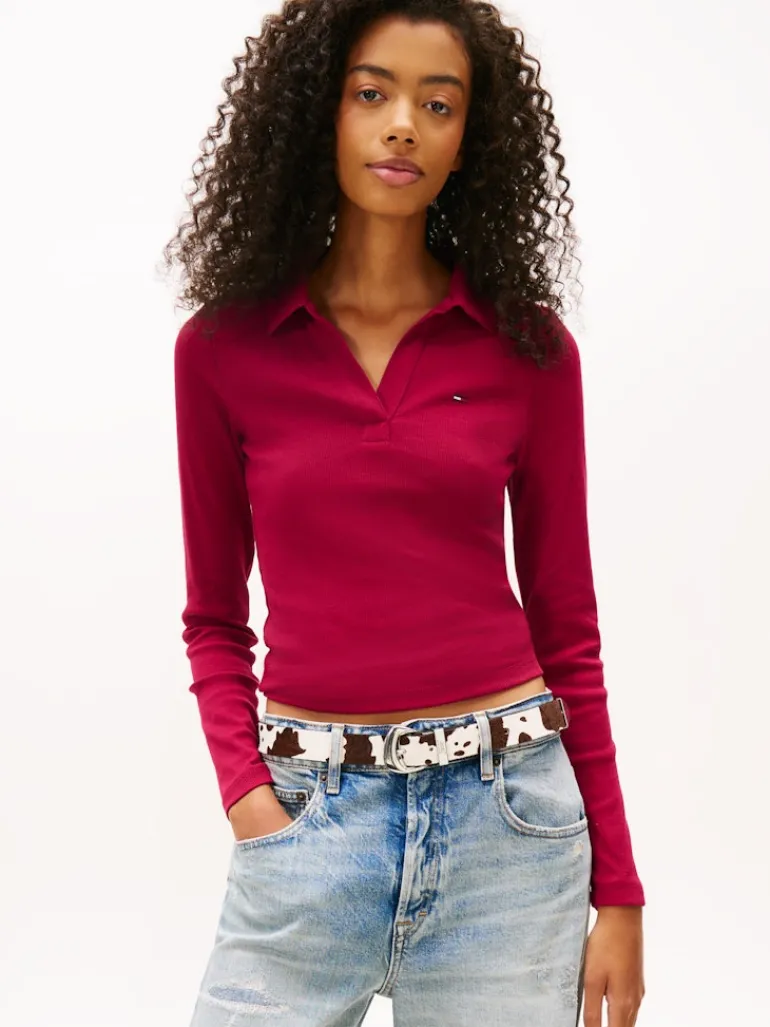 TJW SLIM ESSENTIAL RIB LS POLO lavish cerise