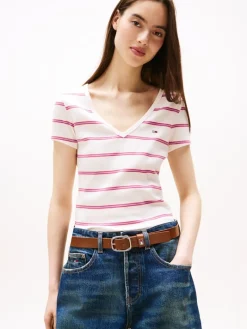 TJW SLIM ESSENTIAL RIB V SS ancient white - cerise stripe