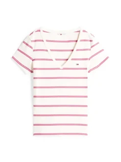 TJW SLIM ESSENTIAL RIB V SS ancient white - cerise stripe