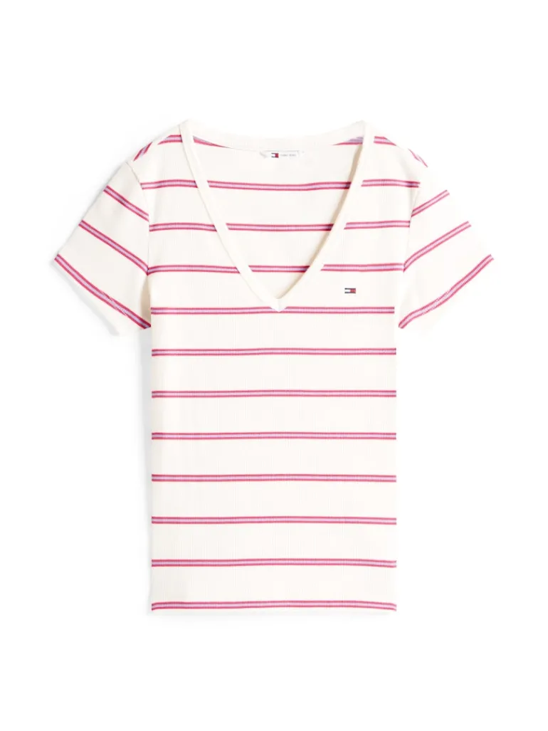 TJW SLIM ESSENTIAL RIB V SS ancient white - cerise stripe
