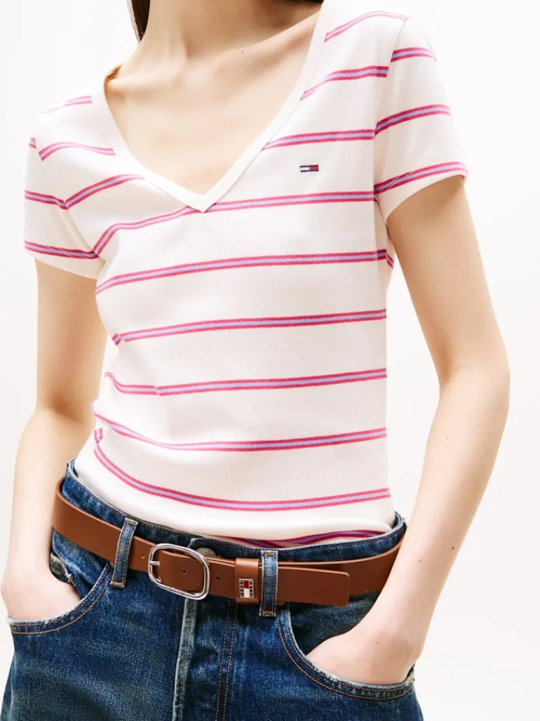 TJW SLIM ESSENTIAL RIB V SS ancient white - cerise stripe