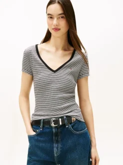 TJW SLIM ESSENTIAL RIB V SS black- ecru stripe