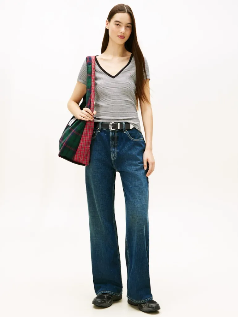 TJW SLIM ESSENTIAL RIB V SS black- ecru stripe