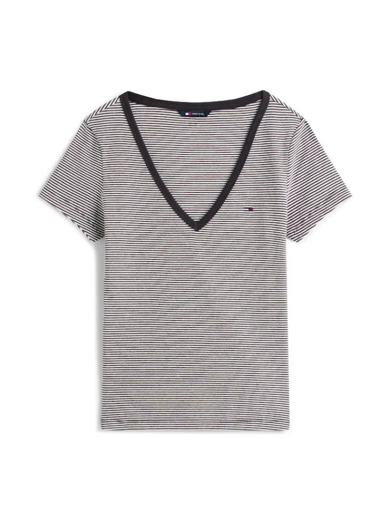 TJW SLIM ESSENTIAL RIB V SS black- ecru stripe