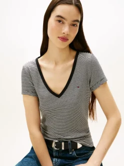 TJW SLIM ESSENTIAL RIB V SS black- ecru stripe