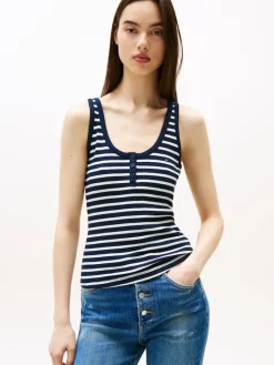 TJW SLIM HENLEY WAFFLE TANK dark night navy - stripe