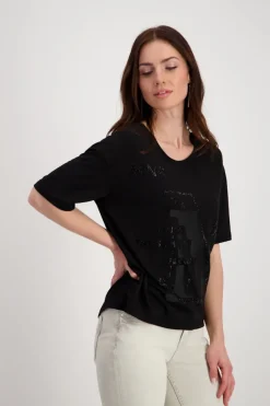 T-Shirt mit Strass Schrift schwarz