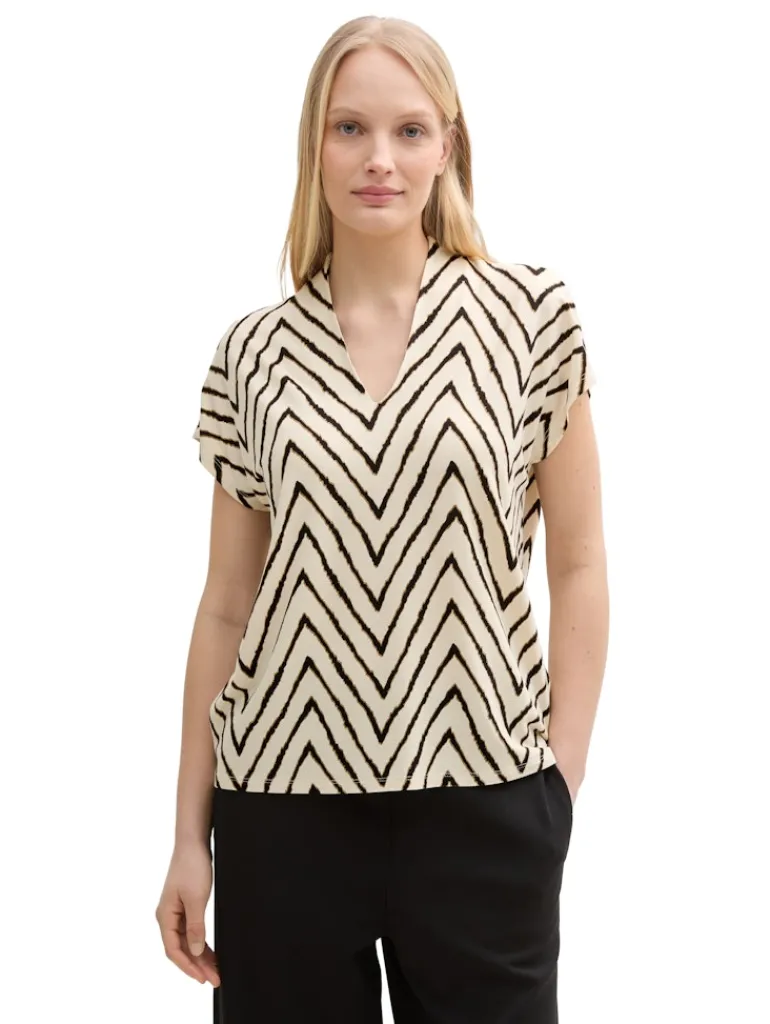 T-Shirt mit V-Ausschnitt natural zig zag design