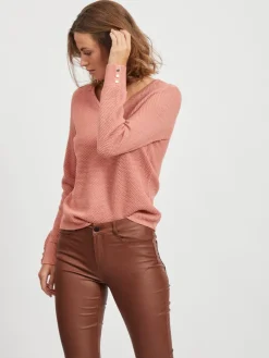VICHASSA V-NECK L/S BUTTON KNIT TOP/L desert sand