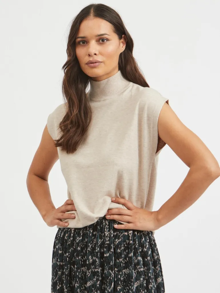 VIELASTA S/L HIGH NECK KNIT VEST/BF natural melange