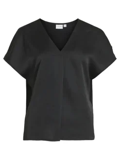 VIELLETTE V-NECK S/S SATIN TOP - NOOS black