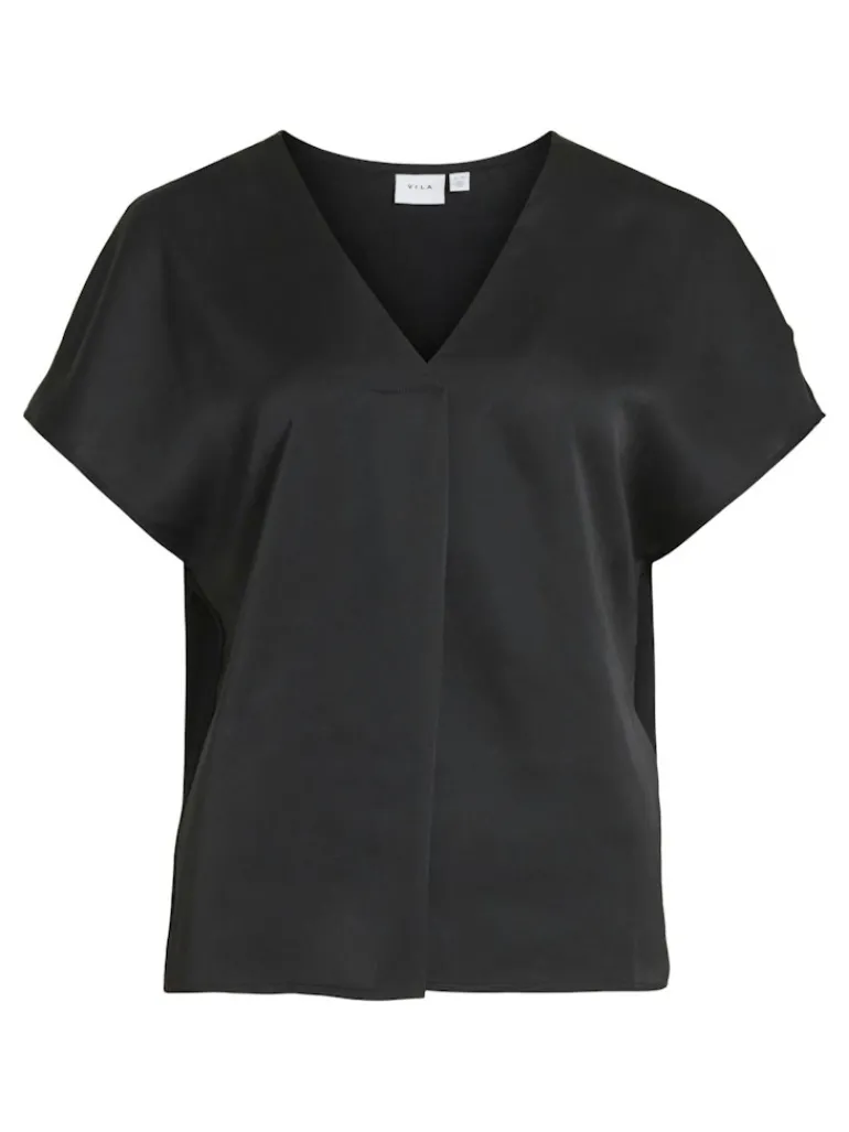 VIELLETTE V-NECK S/S SATIN TOP - NOOS black