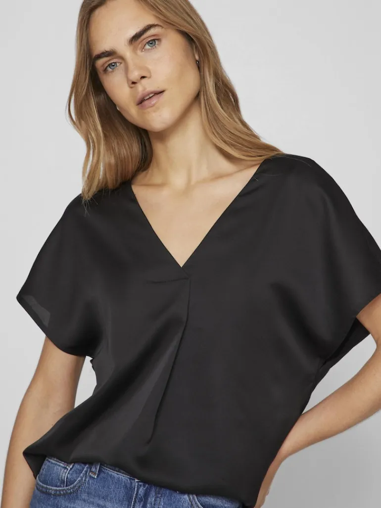 VIELLETTE V-NECK S/S SATIN TOP - NOOS black
