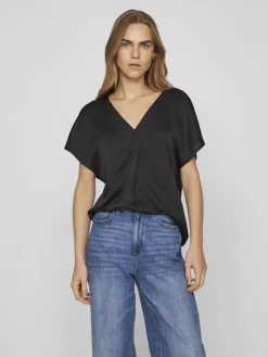 VIELLETTE V-NECK S/S SATIN TOP - NOOS black