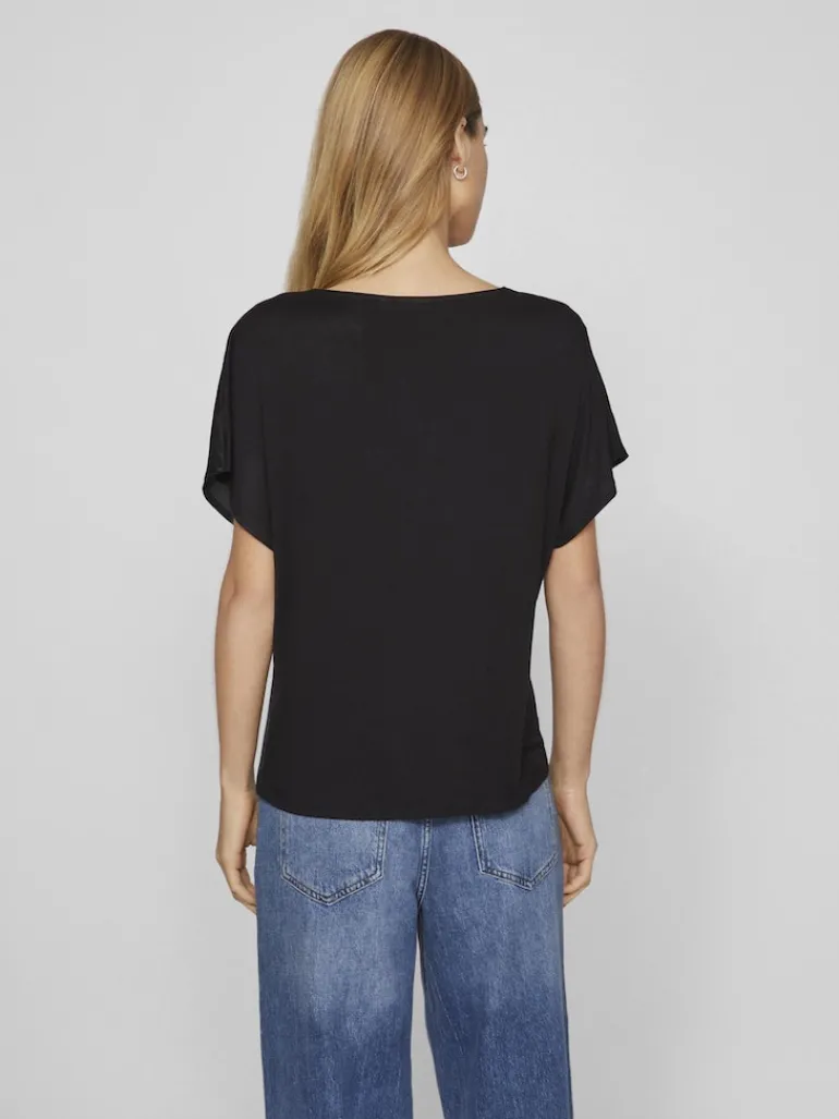 VIELLETTE V-NECK S/S SATIN TOP - NOOS black