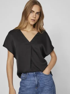 VIELLETTE V-NECK S/S SATIN TOP - NOOS black