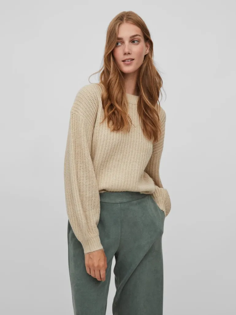 VIFELO L/S CROPPED KNIT TOP/SU - NOOS natural melange