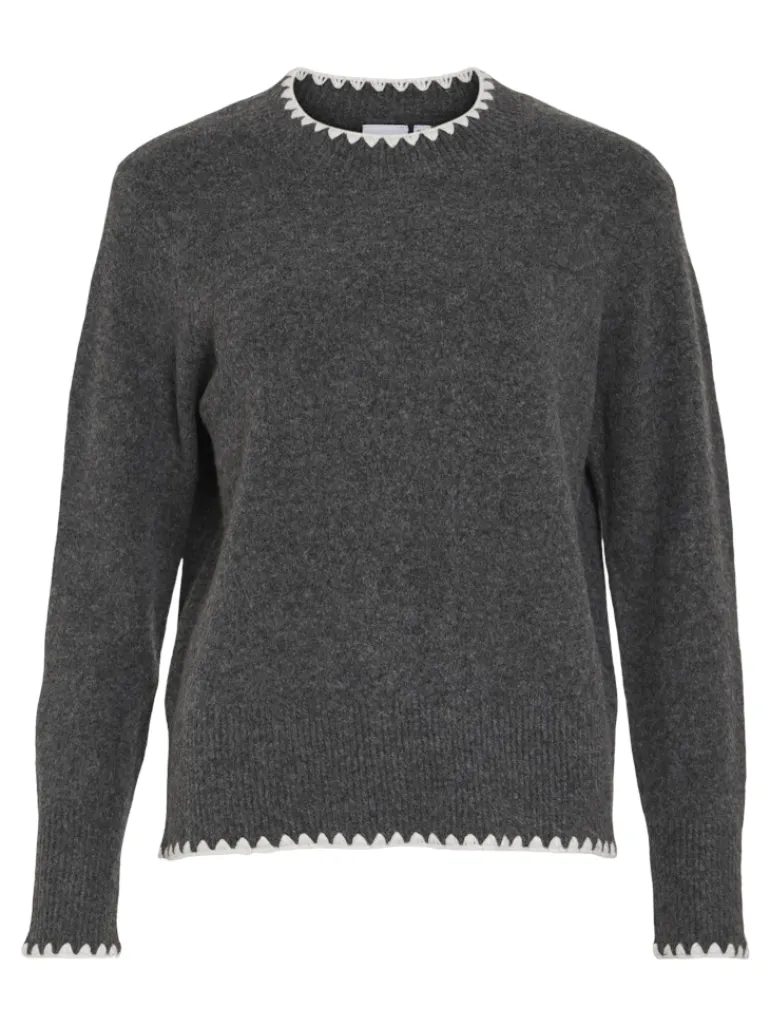 VIHEFNA STITCH DETAIL KNIT TOP/R/2 dark grey melange