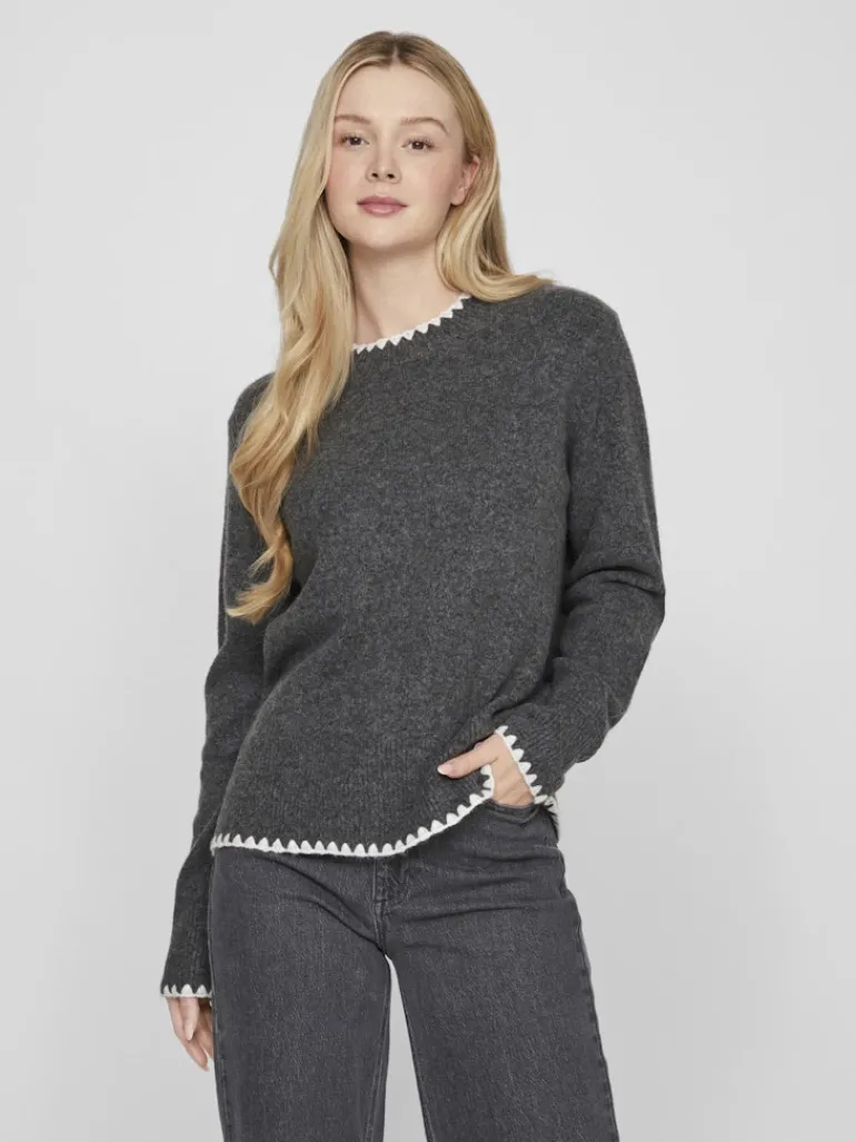 VIHEFNA STITCH DETAIL KNIT TOP/R/2 dark grey melange