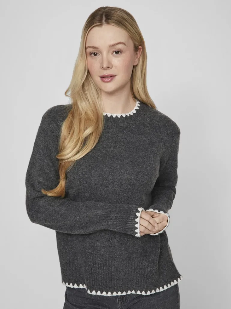 VIHEFNA STITCH DETAIL KNIT TOP/R/2 dark grey melange