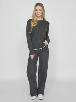 VIHEFNA STITCH DETAIL KNIT TOP/R/2 dark grey melange