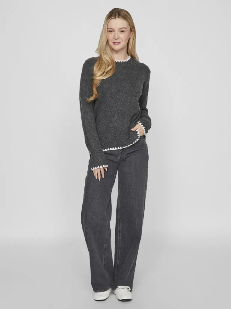 VIHEFNA STITCH DETAIL KNIT TOP/R/2 dark grey melange