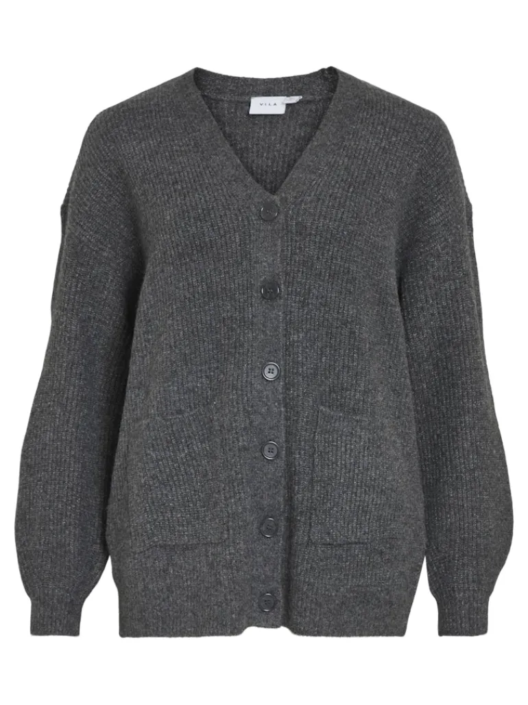 VIKIMMIS V-NECK L/S KNIT CARDIGAN/R dark grey melange