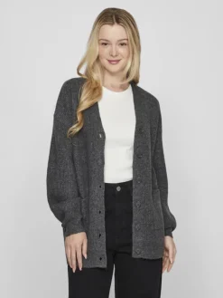 VIKIMMIS V-NECK L/S KNIT CARDIGAN/R dark grey melange