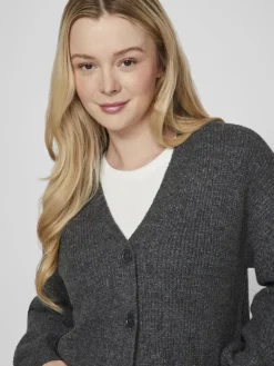 VIKIMMIS V-NECK L/S KNIT CARDIGAN/R dark grey melange