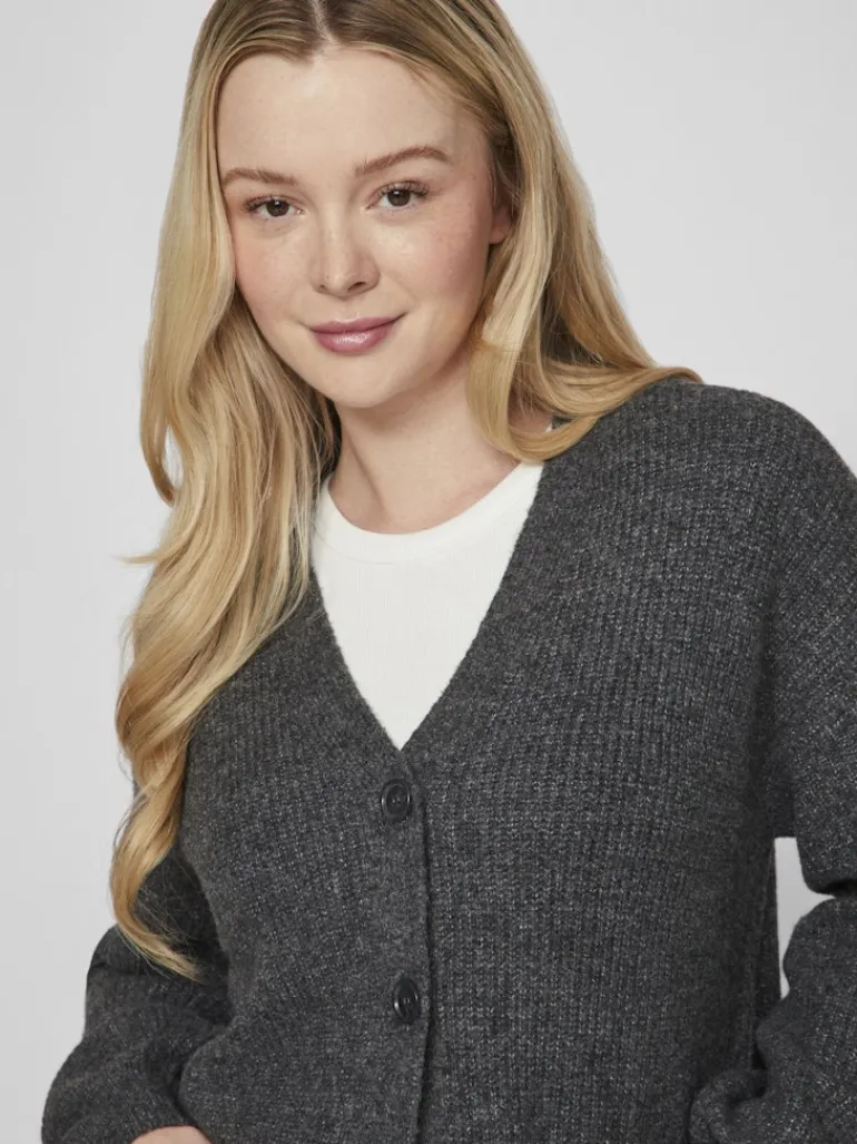VIKIMMIS V-NECK L/S KNIT CARDIGAN/R dark grey melange