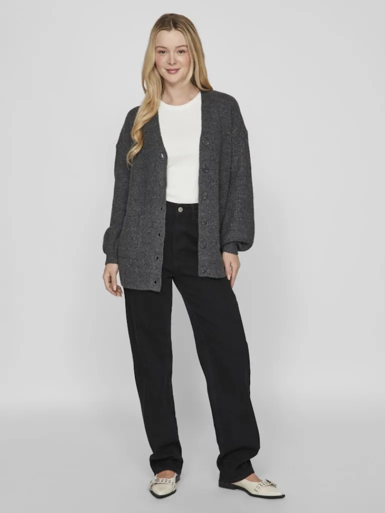VIKIMMIS V-NECK L/S KNIT CARDIGAN/R dark grey melange