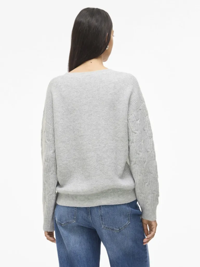 VILASSIA O-NECK L/S CABEL KNIT TOP -NOOS light grey melange