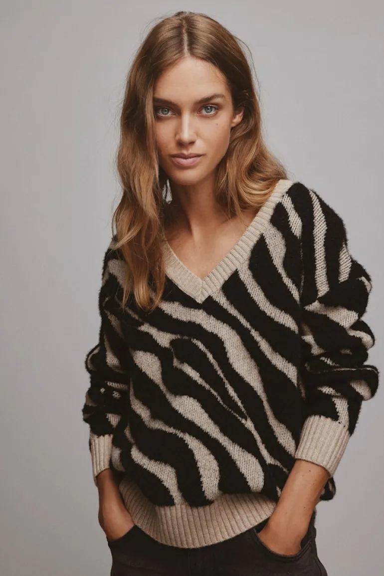 VIRIL FEAMI MIX V-NECK L/S KNIT TOP-NOOS natural melange
