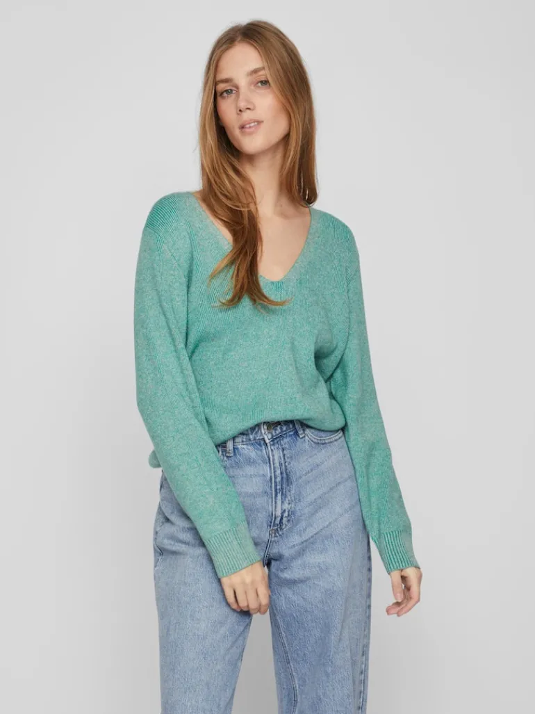 VIRIL MULTI V-NECK L/S KNIT TOP - NOOS green milieu