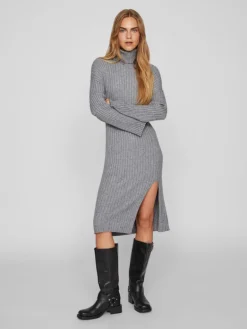 VIRIL ROLLNECK L/S SLIT KNIT DRESS/L medium grey melange