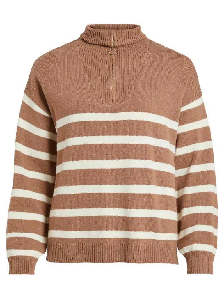VISUZA ZIPPER L/S STRIPE KNIT TOP/LD portabella