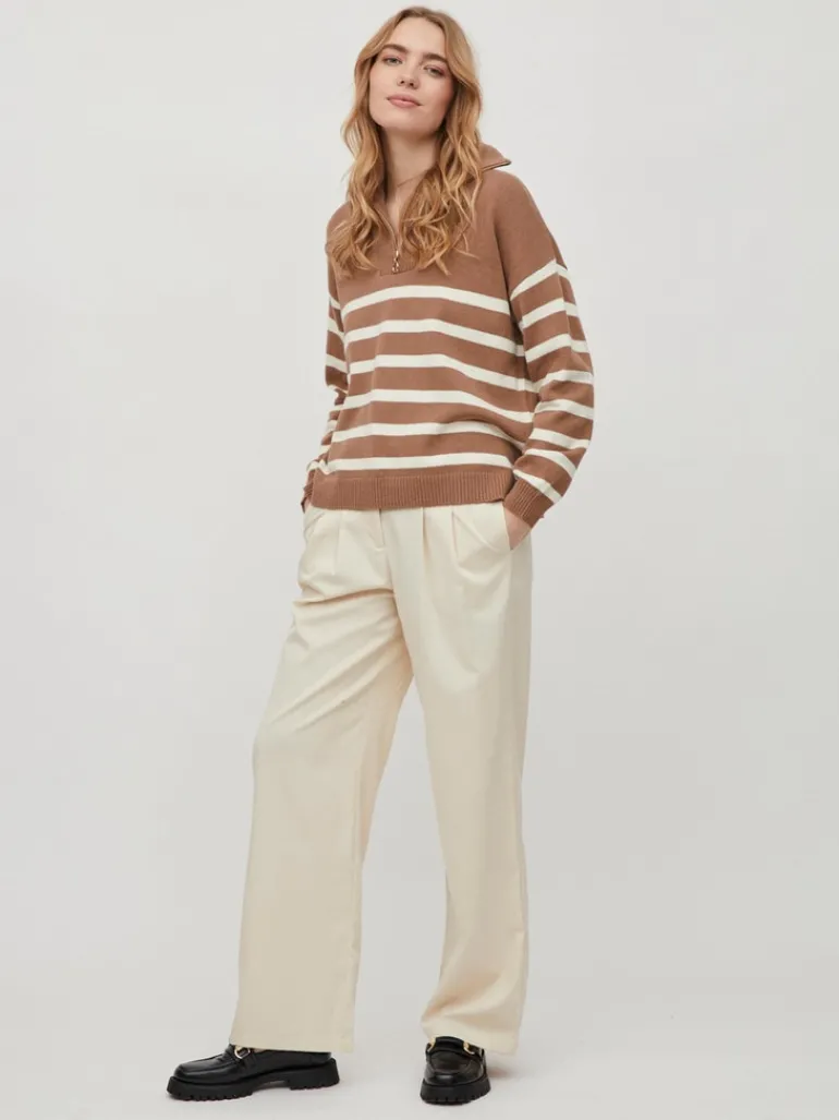 VISUZA ZIPPER L/S STRIPE KNIT TOP/LD portabella